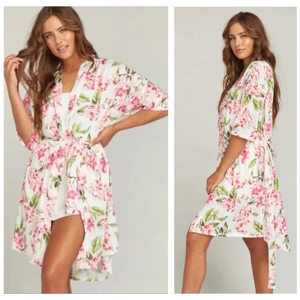 Show Me Your Mumu Pink Roses Floral Prints White Open Front Robe Lounge Wear OS